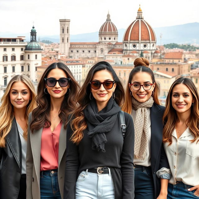 A realistic photo of women aged 30-35 years old in various Italian cities, showcasing a diverse group of stylish, intelligent, open-minded, and sociable individuals