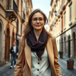 A real photograph of a stylish, intellectual woman aged 30-35, confidently walking through a beautiful city in Italy