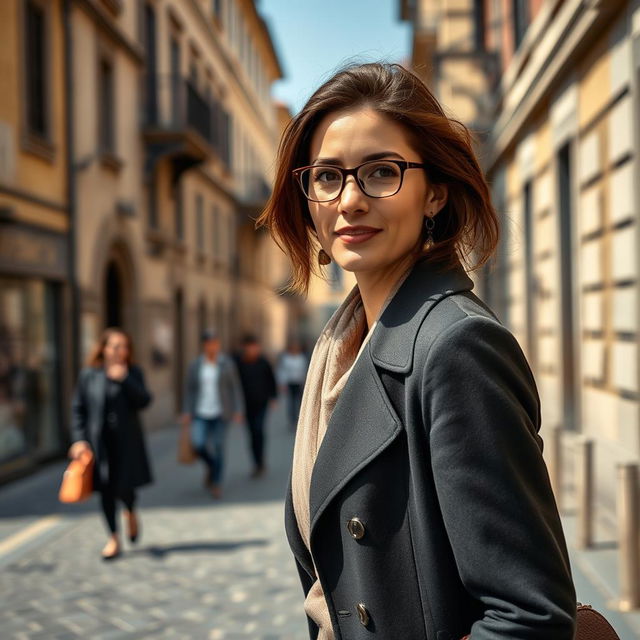 A real photograph of a stylish, intellectual woman aged 30-35, confidently walking through a beautiful city in Italy