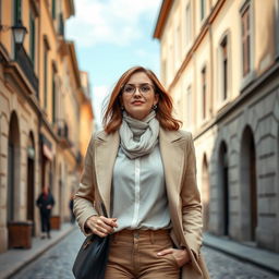 A real photograph of a stylish, intellectual woman aged 30-35, confidently walking through a beautiful city in Italy