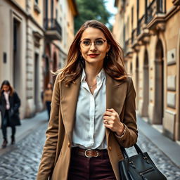 A real photograph of a stylish, intellectual woman aged 30-35, confidently walking through a beautiful city in Italy