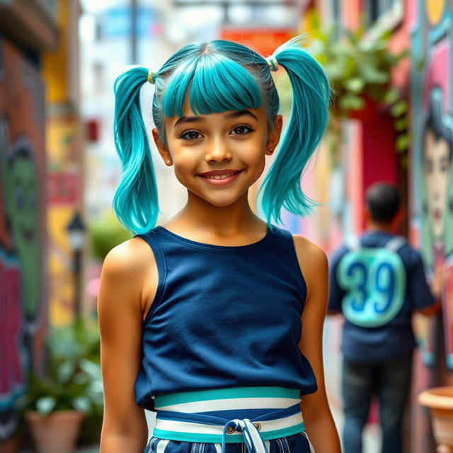 A girl with bright teal pigtails styled playfully, having a caramel skin color