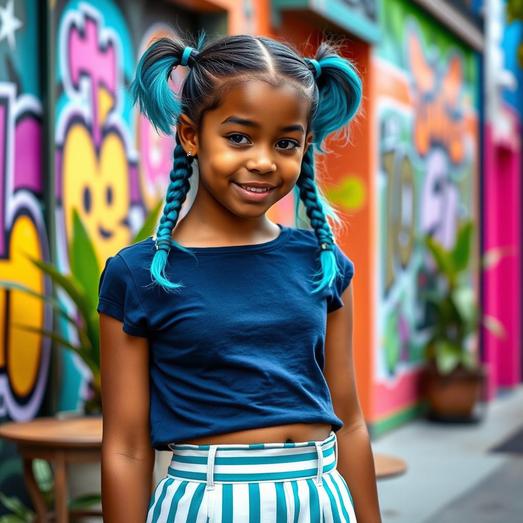 A girl with bright teal pigtails styled playfully, having a caramel skin color