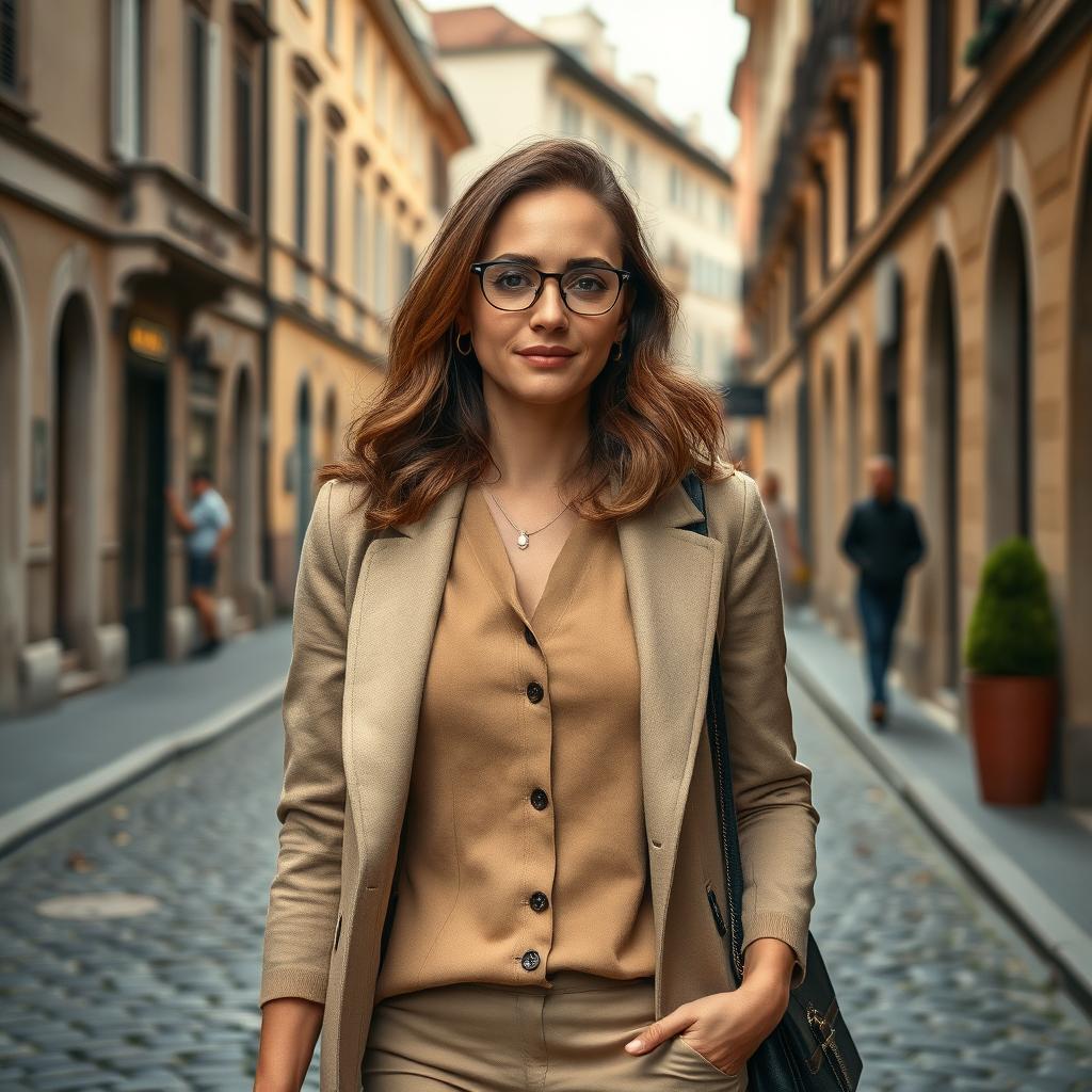 A real photograph of a stylish, intellectual woman aged 30-35, confidently walking through a beautiful city in Italy