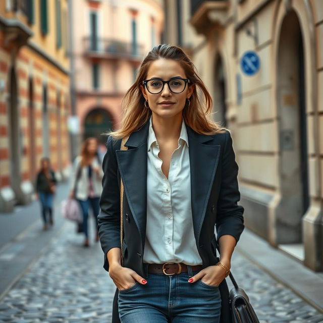 A real photograph of a stylish, intellectual woman aged 30-35, confidently walking through a beautiful city in Italy