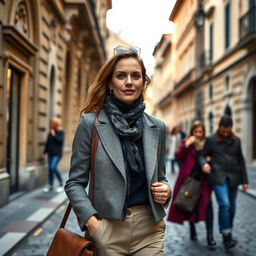 A real photograph of a stylish, intellectual woman aged 30-35, confidently walking through a beautiful city in Italy