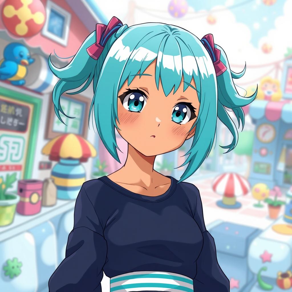 An anime-style girl with bright teal pigtails styled cutely, showcasing a caramel skin color