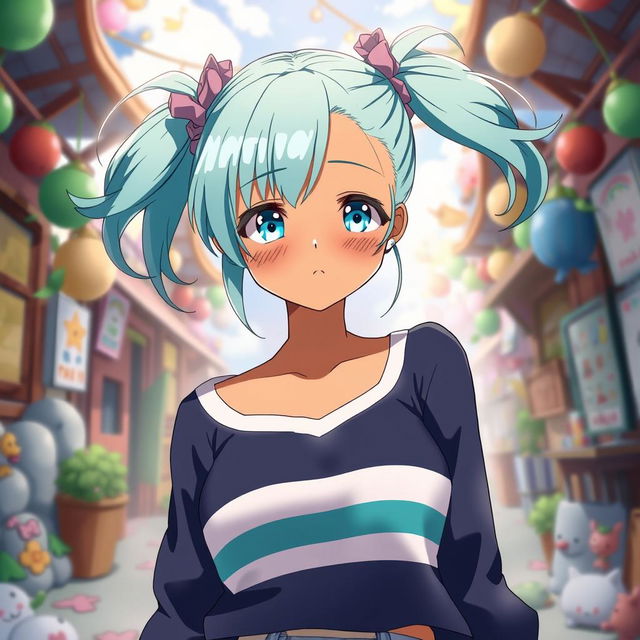 An anime-style girl with bright teal pigtails styled cutely, showcasing a caramel skin color