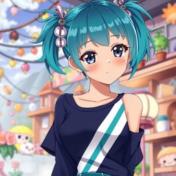 An anime-style girl with bright teal pigtails styled cutely, showcasing a caramel skin color