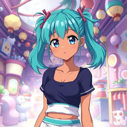An anime-style girl with bright teal pigtails styled cutely, showcasing a caramel skin color