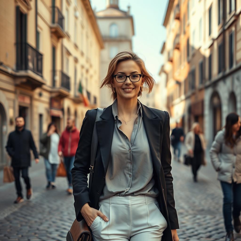 A real photograph of a stylish, intellectual woman aged 30-35, confidently walking through a beautiful city in Italy