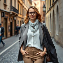 A real photograph of a stylish, intellectual woman aged 30-35, confidently walking through a beautiful city in Italy
