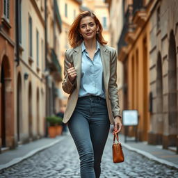 A real photograph of a stylish, intellectual woman aged 30-35, confidently walking through a beautiful city in Italy