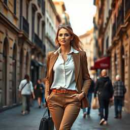 A beautiful and stylish woman aged 30-35, with Italian features, confidently walking through a bustling Italian city