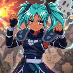 An anime-style girl with bright teal pigtails, styled in an electrified manner, featuring glowing eyes that intensify her fierce look