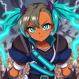 An anime-style girl with bright teal pigtails, styled in an electrified manner, featuring glowing eyes that intensify her fierce look