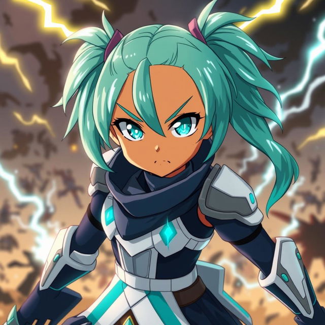 An anime-style girl with bright teal pigtails, styled in an electrified manner, featuring glowing eyes that intensify her fierce look