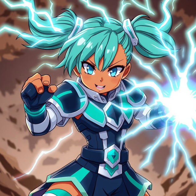 An anime-style girl with bright teal pigtails that are electrified, radiating energy, and featuring glowing eyes