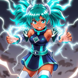 An anime-style girl with bright teal pigtails that are electrified, radiating energy, and featuring glowing eyes