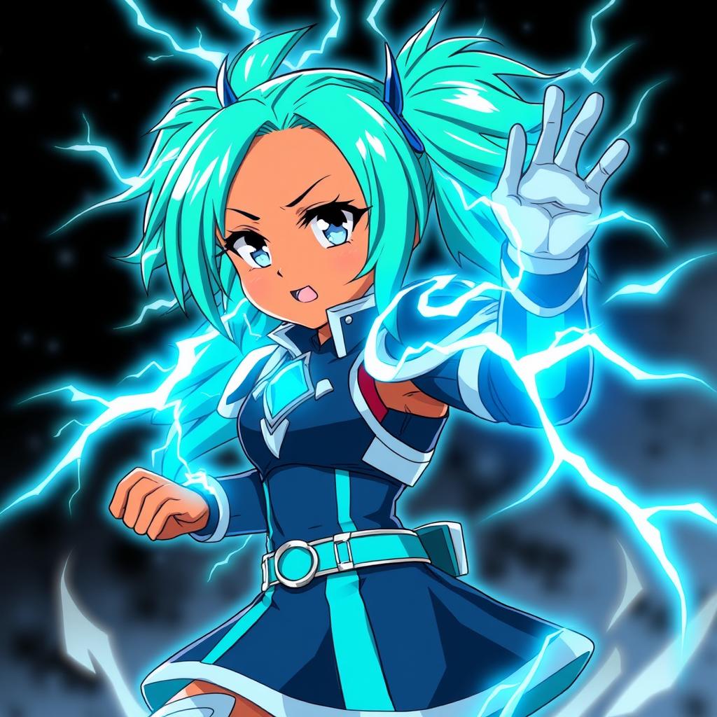 An anime-style girl with bright teal pigtails that are electrified, radiating energy, and featuring glowing eyes