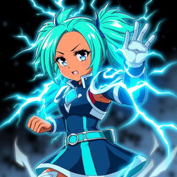 An anime-style girl with bright teal pigtails that are electrified, radiating energy, and featuring glowing eyes