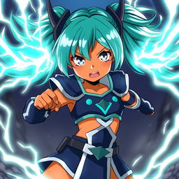 An anime-style girl with bright teal pigtails that are electrified, radiating energy, and featuring glowing eyes
