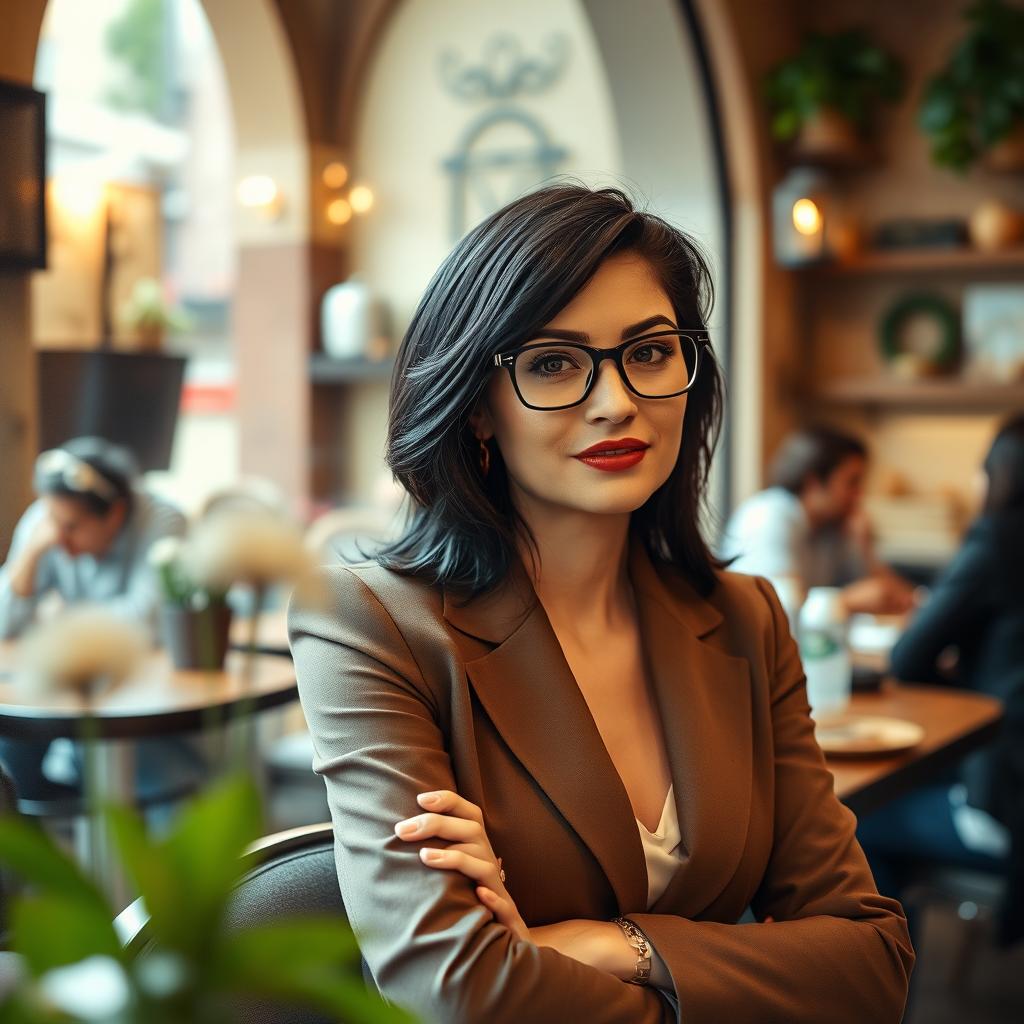 A beautiful and stylish Italian woman aged between 30 and 35 years, sitting confidently in a cozy Italian cafe