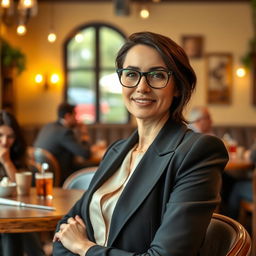 A beautiful and stylish Italian woman aged between 30 and 35 years, sitting confidently in a cozy Italian cafe