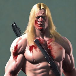 Generate an image of a scowling male human with fair skin and long dirty blonde hair