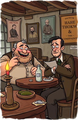 A whimsical scene inspired by Anton Chekhov's short story "The Complaints Book", featuring two distinct characters: a rotund, jovial man with a hearty laugh and a slender, serious friend