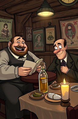 A whimsical scene inspired by Anton Chekhov's short story "The Complaints Book", featuring two distinct characters: a rotund, jovial man with a hearty laugh and a slender, serious friend