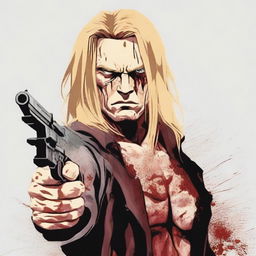 Generate an image of a scowling male human with fair skin and long dirty blonde hair