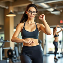 A beautiful and stylish European woman aged between 30 and 35 years, engaged in a workout in a contemporary gym in Italy