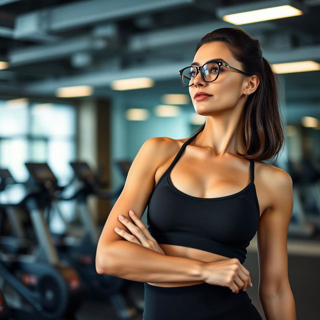 A beautiful and stylish Italian woman aged between 30 and 35 years, standing gracefully in a modern gym in Italy, in a relaxed pose to suggest contemplation rather than action