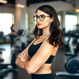 A beautiful and stylish Italian woman aged between 30 and 35 years, standing gracefully in a modern gym in Italy, in a relaxed pose to suggest contemplation rather than action