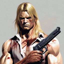 Generate an image of a scowling male human with fair skin and long dirty blonde hair