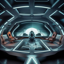 interior of futuristic fighter jet with glass panel demarcating front cabin from back cabin