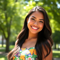 A beautiful 30-year-old Latina woman with long, flowing dark hair and warm brown skin