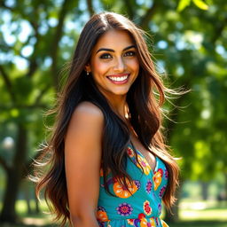 A beautiful 30-year-old Latina woman with long, flowing dark hair and warm brown skin