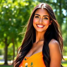 A beautiful 30-year-old Latina woman with long, flowing dark hair and warm brown skin