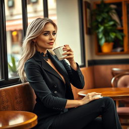 A beautiful, stylish, and confident Italian woman aged 30-35 sitting in a cafe in Italy