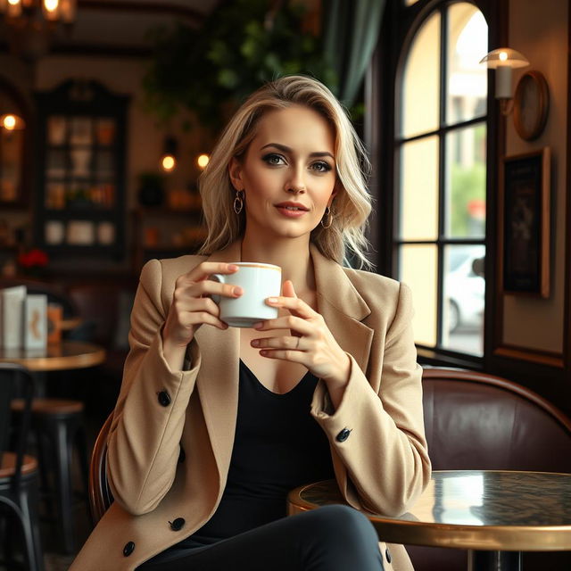 A beautiful, stylish, and confident Italian woman aged 30-35 sitting in a cafe in Italy