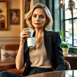 A beautiful, stylish, and confident Italian woman aged 30-35 sitting in a cafe in Italy