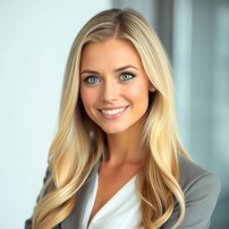 A confident 35-year-old woman with long blond hair and striking green eyes, showcasing a European appearance