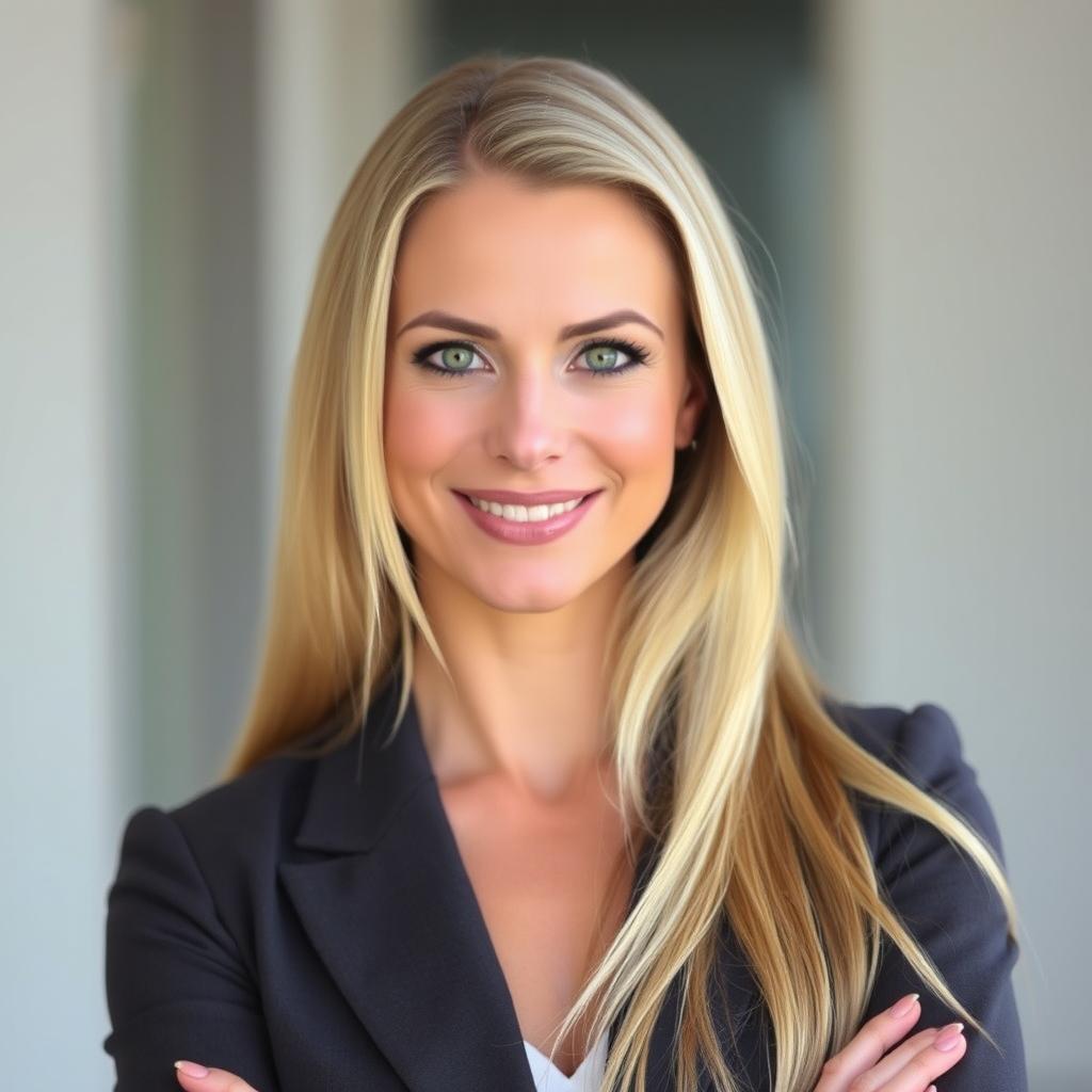 A confident 35-year-old woman with long blond hair and striking green eyes, showcasing a European appearance