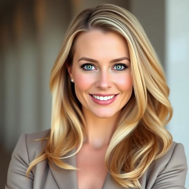 A confident 35-year-old woman with long blond hair and striking green eyes, showcasing a European appearance