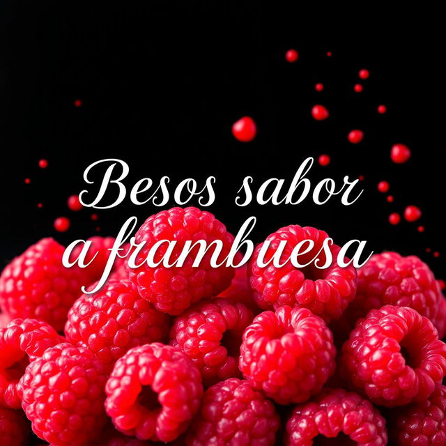 A vibrant and artistic display of raspberries against a black background, with splashes of red, white, and fuchsia colors