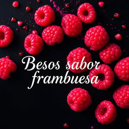 A vibrant and artistic display of raspberries against a black background, with splashes of red, white, and fuchsia colors