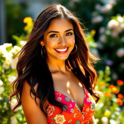 A beautiful 30-year-old Latina woman with long, flowing dark hair and warm brown skin