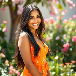 A beautiful 30-year-old Latina woman with long, flowing dark hair and warm brown skin